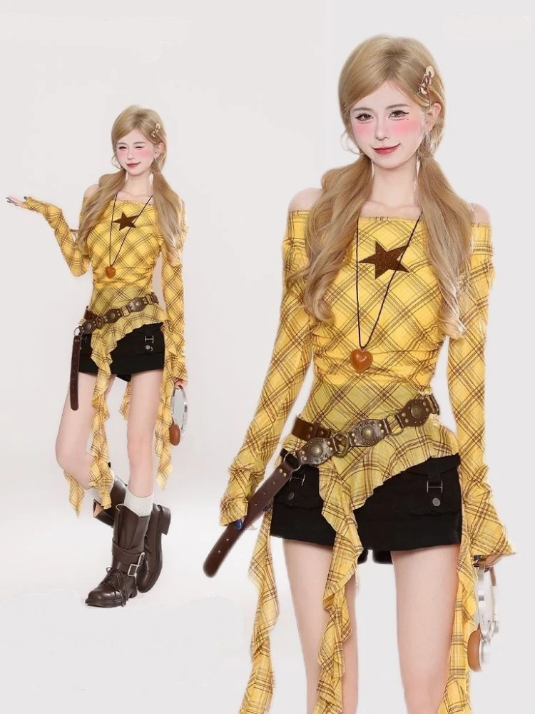 Y2K Plaid Slash Neck Vintage T - đánh giá và giá Vintage Fashion Women
