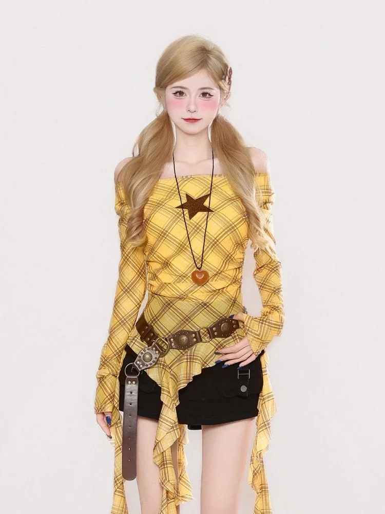 Y2K Plaid Slash Neck Vintage T - đánh giá và giá Vintage Fashion Women
