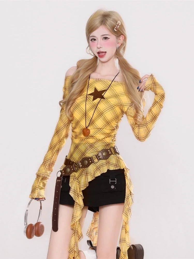 Y2K Plaid Slash Neck Vintage T - đánh giá và giá Vintage Fashion Women